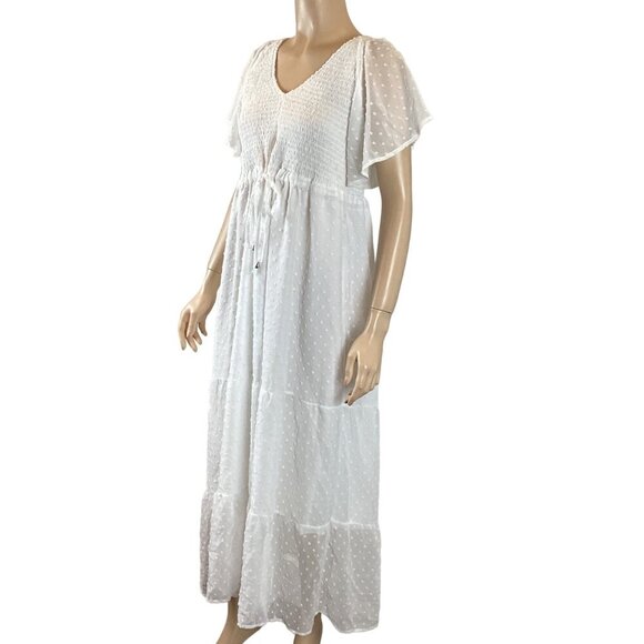 5 For $25 NWT Boho Chic White Maxi‎ Dress Size Medium Flutter Sleeves & Smocked - Picture 2 of 8